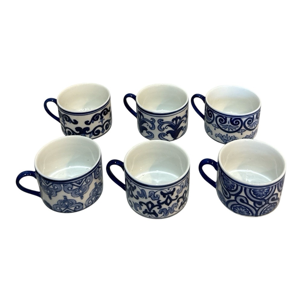 Bombay Co Chinoisserie Porcelain cobalt blue Set 6 Mugs Cups Excellent Condition